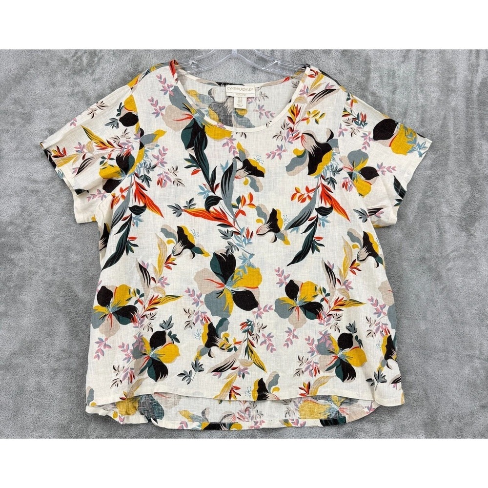 Cynthia Rowley Blouse Womens 1X Linen Floral Boho Beach Resort Relaxed High Low